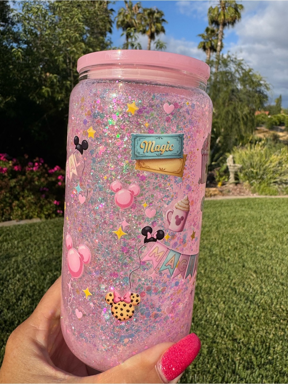 Disney Parks Magical snow globe glass Tumbler with decorated lid 16oz - Picture 5 of 5